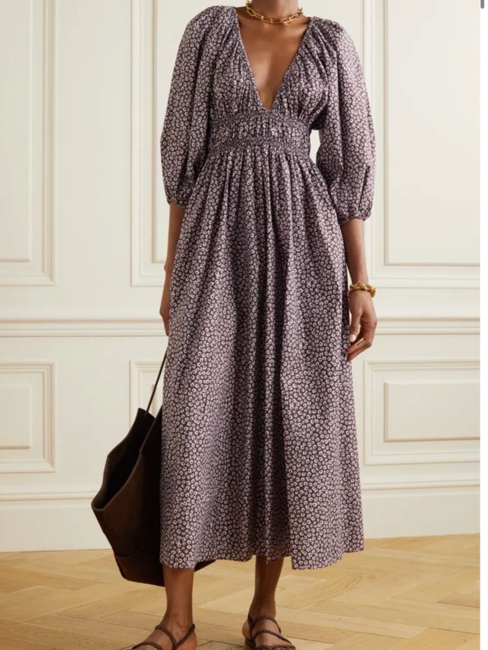 Matteau Plunging V-Neck Smocked Waist Maxi Dress in Lavender Floral
